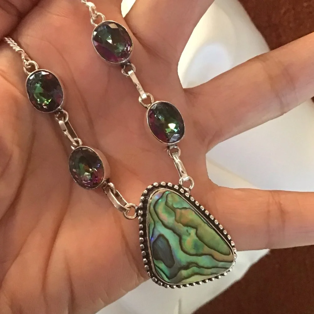 Sterling Silver Mystic Fire Topaz and Abalone Pearl Necklace Choker - Picture 5 of 11